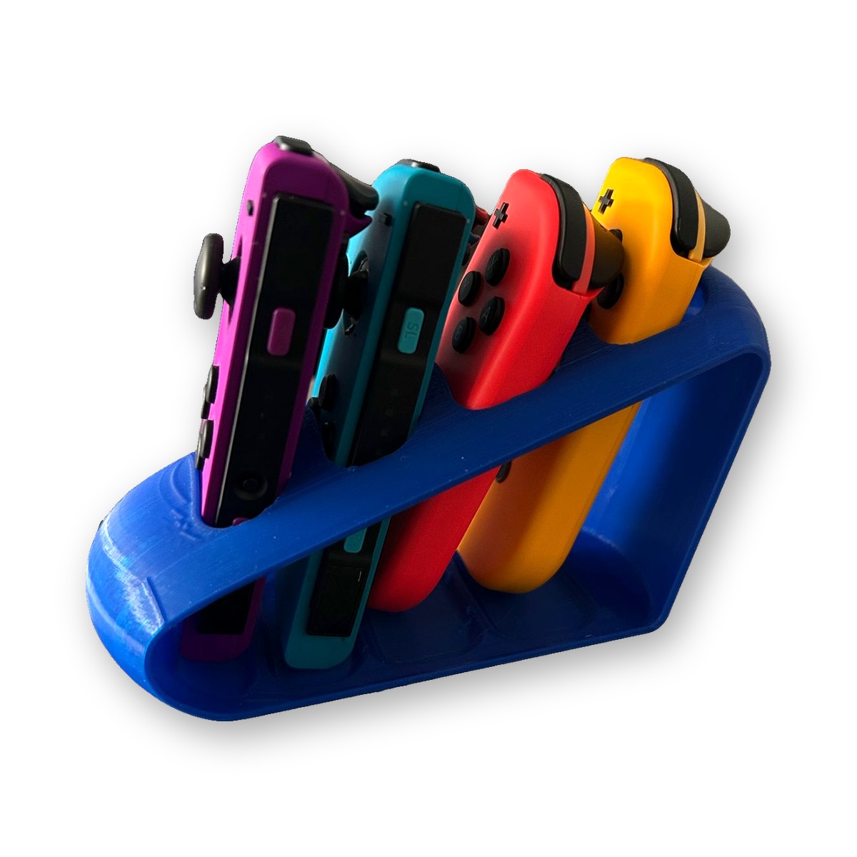 Blue 3D printed Nintendo Switch Joy-Con stand holding four coloured controllers