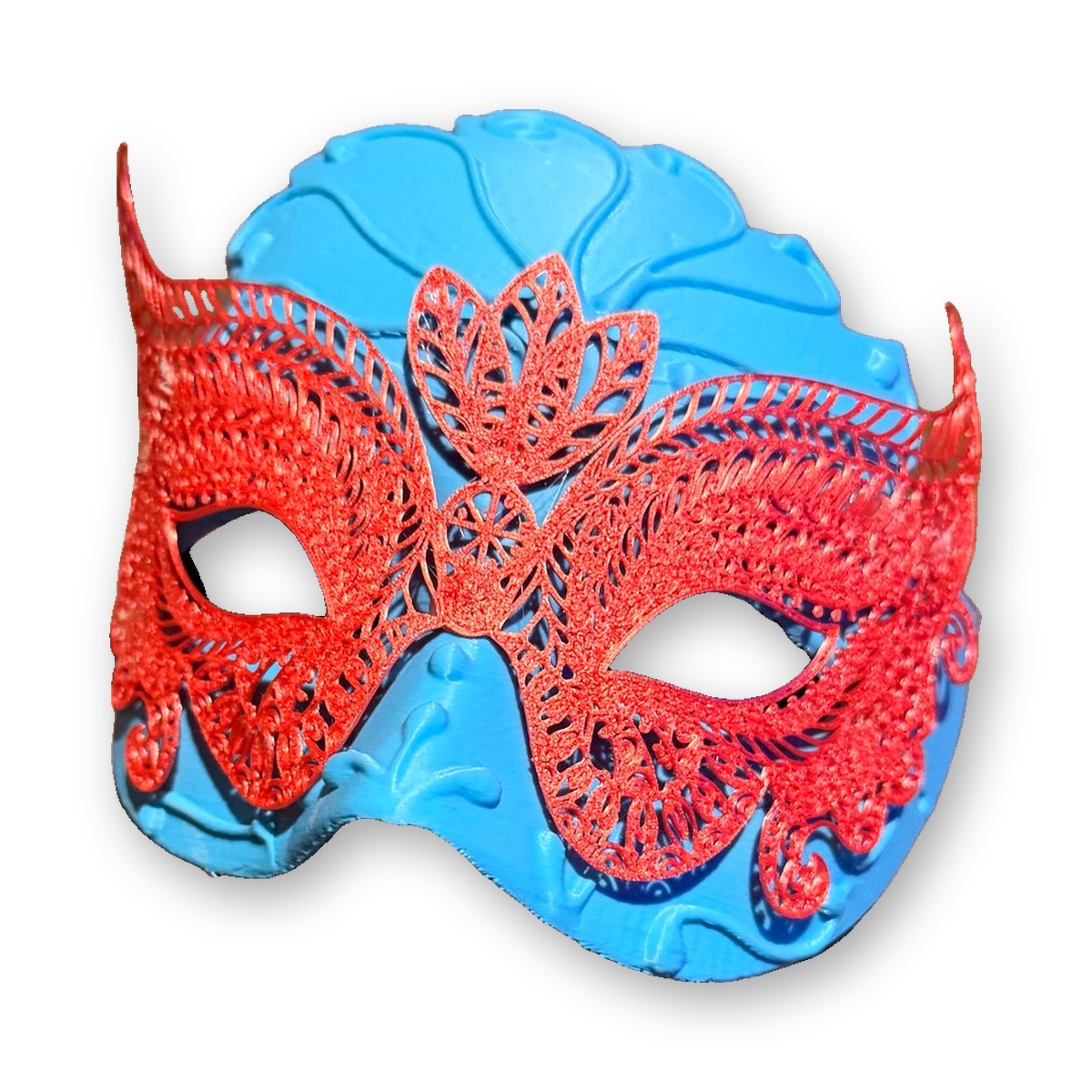 Two-tone masquerade mask printed in light blue with an intricate red lace overlay