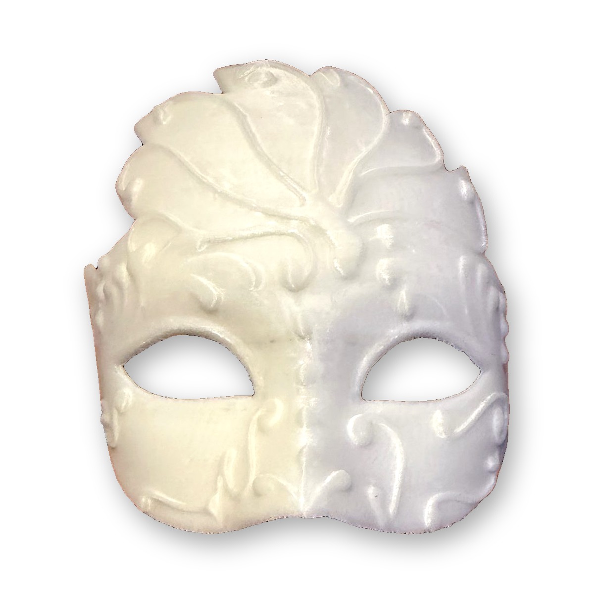 White 3D printed masquerade mask with raised swirl and leaf detail