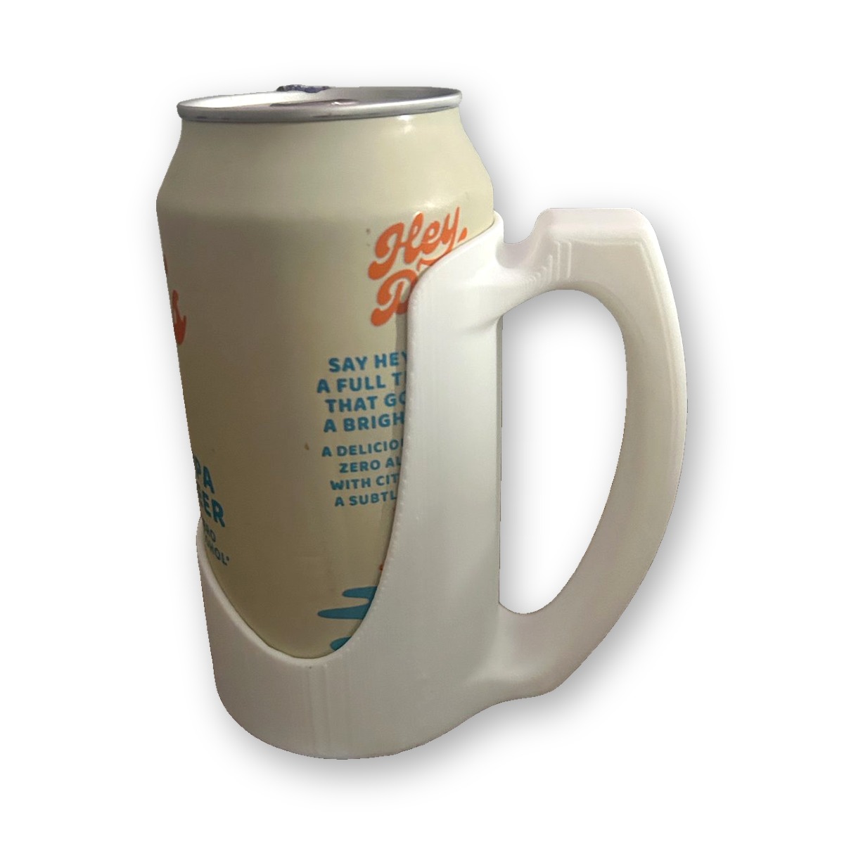 White 3D printed drink can holder with handle, holding a can